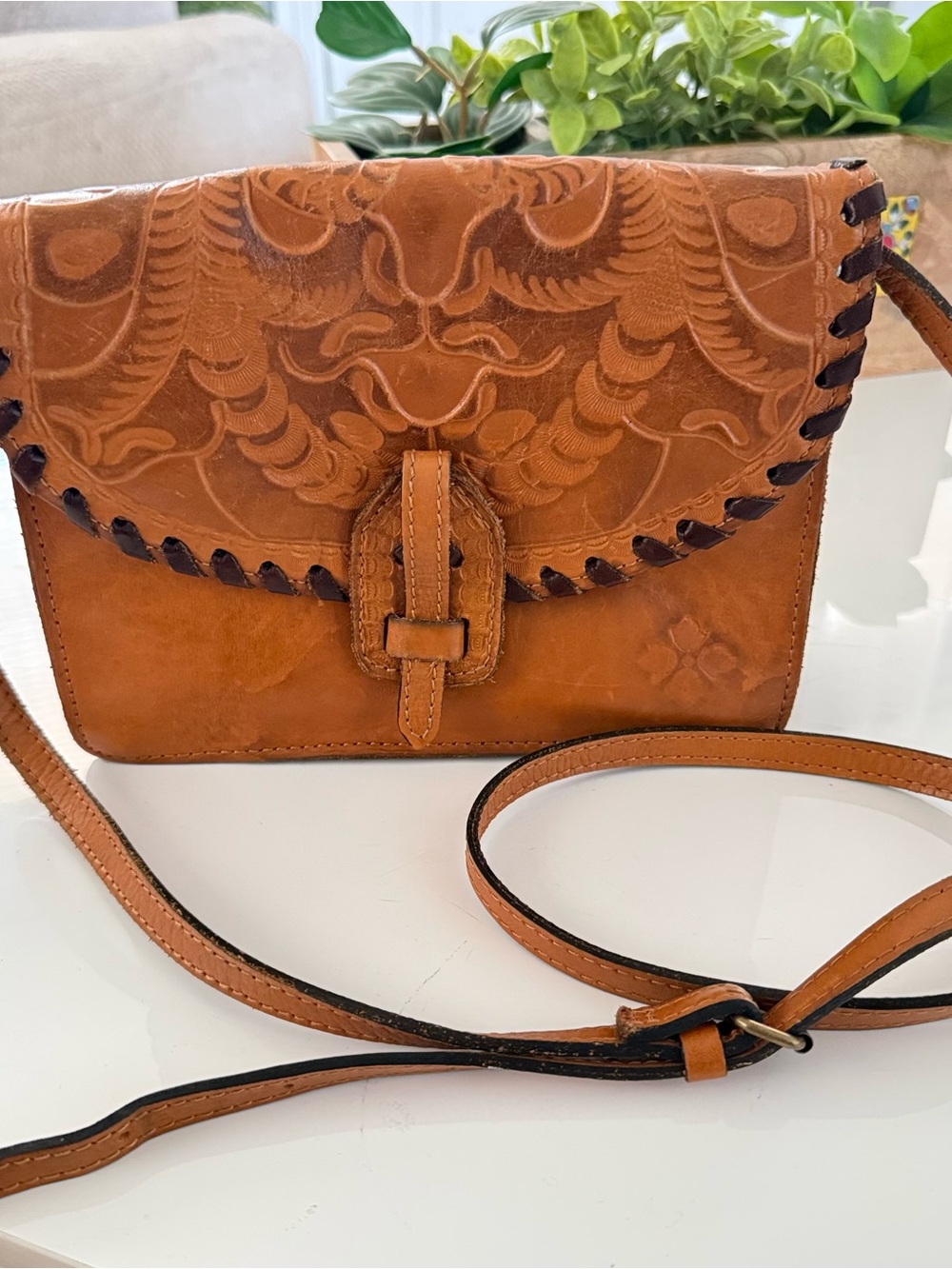 Leather Tooled Crossbody Bag in Tan